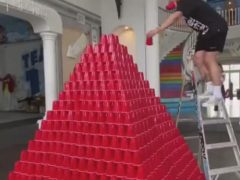 Пирамида из стаканчиков была разрушена из-за неловкости своего создателя