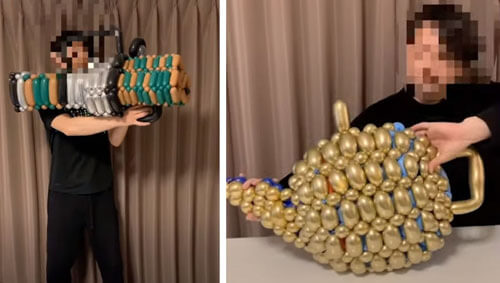 Скручивая воздушные шарики, умелец делает разные предметы