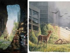 С помощью мазков кисти художник совмещает два пейзажа, совершая путешествие во времени