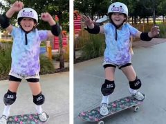 Маленькая скейтбордистка, оттачивая трюк, не боится падать