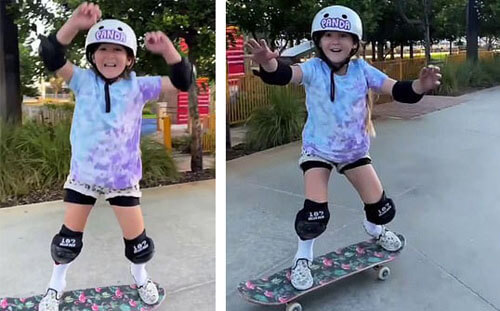 Маленькая скейтбордистка, оттачивая трюк, не боится падать