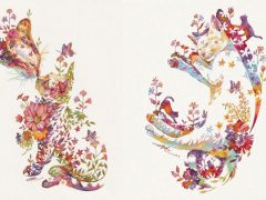 Рисуя животных, художник использует акварельные цветочные мотивы