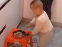 Малыш готов помочь папе с приготовлением пищи