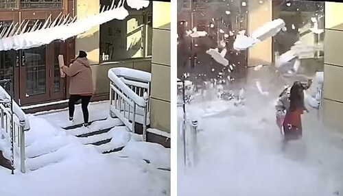 Женщина попала под снежную лавину возле подъезда