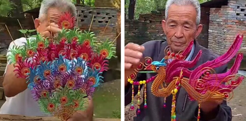 Пожилой художник использует проволоку для создания сувениров
