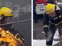 Пожарный рискнул жизнью и унёс пылающий газовый баллон подальше от места возгорания