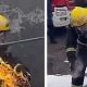 Пожарный рискнул жизнью и унёс пылающий газовый баллон подальше от места возгорания