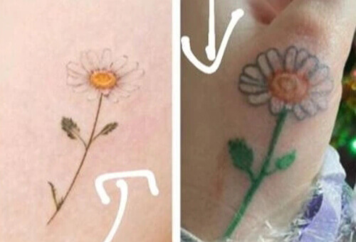 Татуировка в виде цветка похожа на детский рисунок фломастером