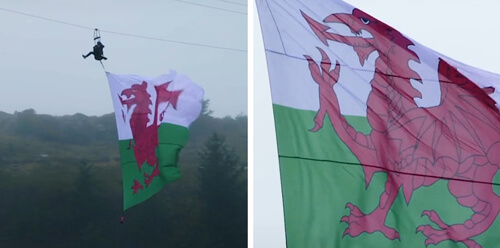 Телеведущая спустилась по канатной дороге с флагом Уэльса ради мирового рекорда