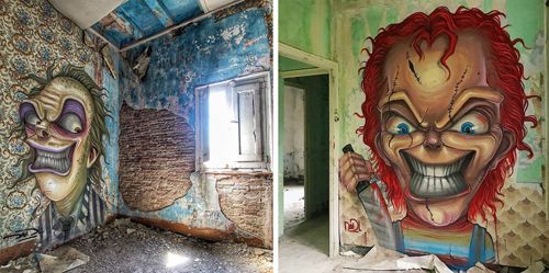 Художник проникает в заброшенные здания, чтобы рисовать на стенах пугающие граффити