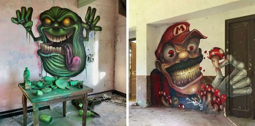 Художник проникает в заброшенные здания, чтобы рисовать на стенах пугающие граффити
