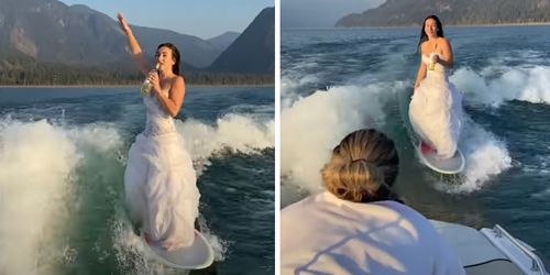 В день свадьбы невеста-сорвиголова занялась серфингом