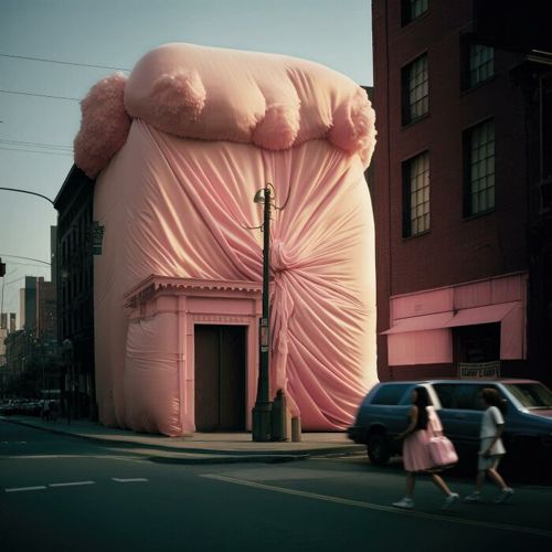 Городские здания оделись в пушистые розовые наряды благодаря фантазии художника