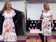 Воспитательница детского сада надела платье, разрисованное детьми