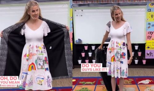 Воспитательница детского сада надела платье, разрисованное детьми